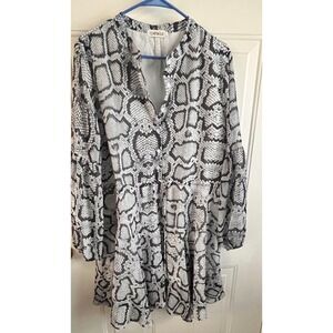 CLARISBELLE Women Black White Snake Print Long Sleeve Button‎ Up Shirt Dress